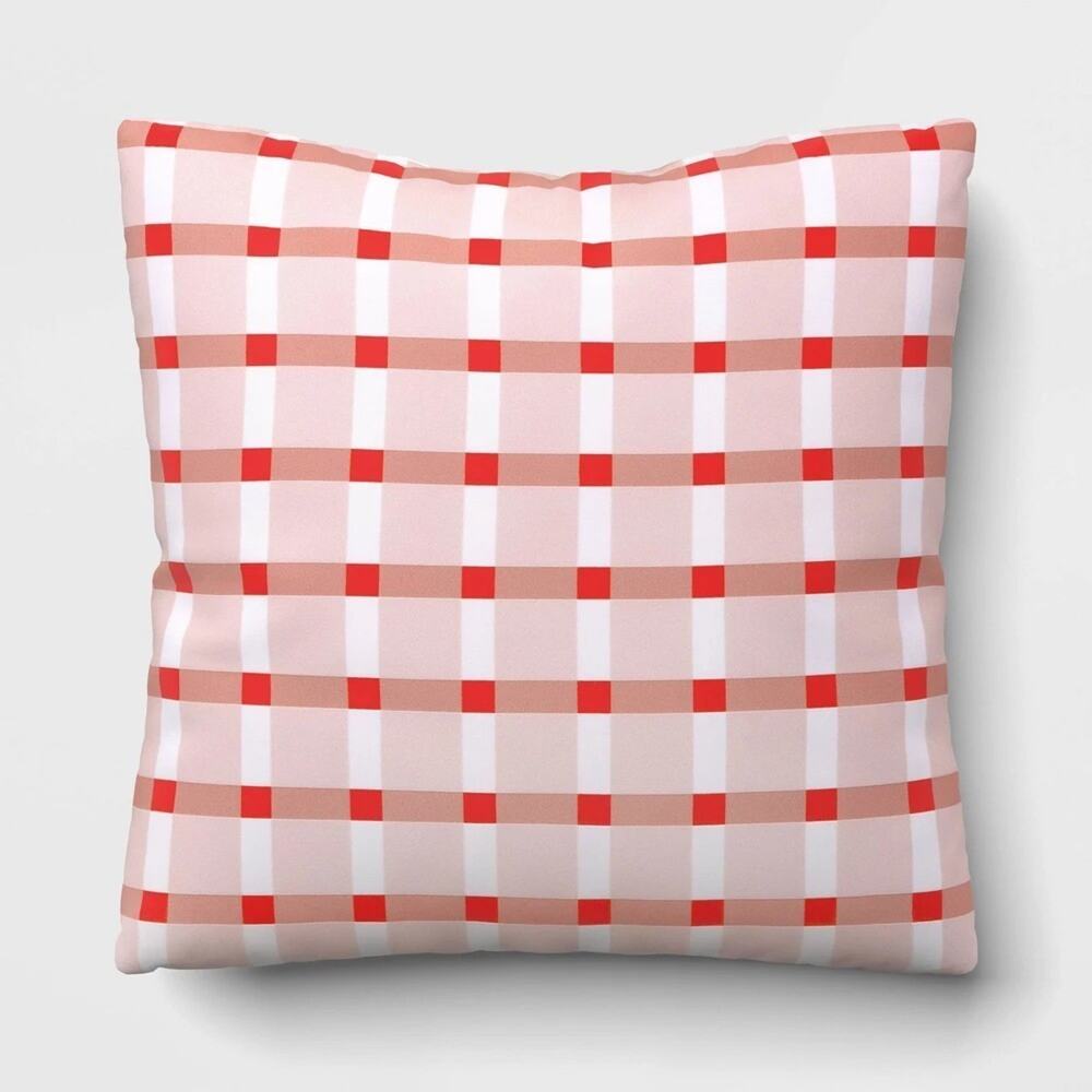 Room Essentials Outdoor Throw Pillow Red Bold Plaid‎ 17x17 Patio Cushion Decor
